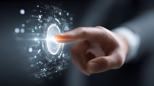 A human finger presses a digital button with a bright light, illuminating the surrounding area, creating a high-tech, modern, and futuristic scene of innovation and interaction in an abstract... - Powered by Adobe