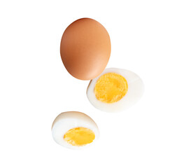 Top view set of raw brown chicken egg and cooked or boiled chicken egg with egg yolk in two halves isolated with clipping path in png file format