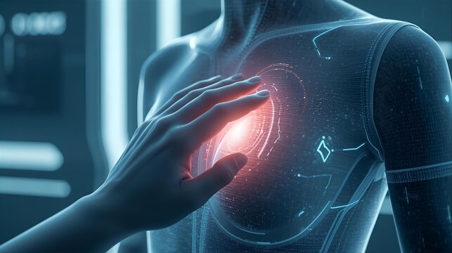 Radiant blue x-ray style human anatomy with energy patterns and motion effects