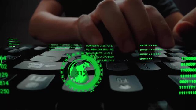 Time lapse of man working on laptop computer keyboard with graphic user interface GUI hologram showing big data science technology, digital network connection and computer programming algorithm. Glean - Powered by Adobe