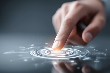 Human finger gently touching a glowing, futuristic interface, illuminating a circular pattern of light and sparking, symbolizing technology, innovation, and digital interaction against a blurred...