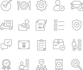 Collection of approval and rejection line icons with editable stroke for design projects