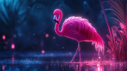 A vibrant, artistic rendering of a flamingo standing gracefully in a tranquil, glowing pond at night.