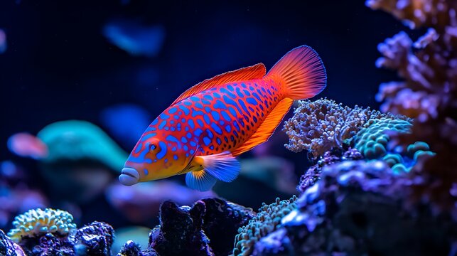 Colorful fish swimming in a coral reef aquarium.