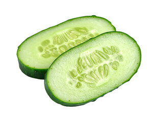 Close-up of two translucent cucumber slices, revealing the internal structure of the vegetable against a dark background