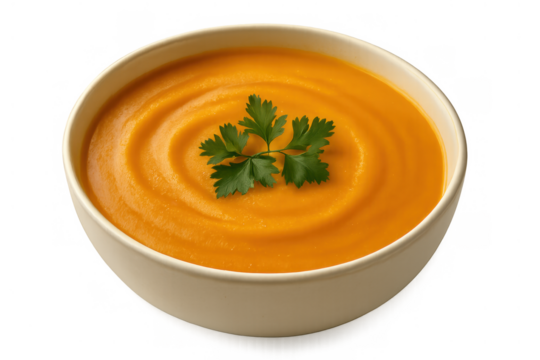 Creamy orange pumpkin soup served in a bowl, garnished with fresh parsley, ready for a healthy meal. Transparent background