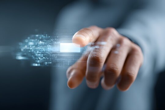 view of a human hand reaching forward and touching a glowing digital interface, showcasing technology and futuristic concepts, with a blurred background and a blue color scheme. - Powered by Adobe