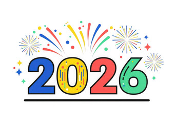 Colorful 2026 new year celebration with festive fireworks and confetti design illustration artwork. isolated on transparent background
