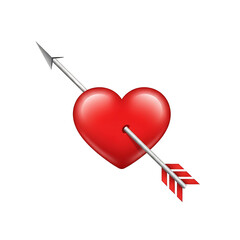 Glossy, crimson emoji heart pierced by a silver arrow, a common symbol of love and affection against a black backdrop