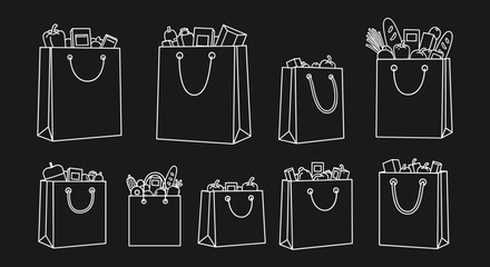 A diverse collection of white outline illustrations depicting various full shopping bags, brimming with groceries, fresh produce, and packaged goods, on a dark background.