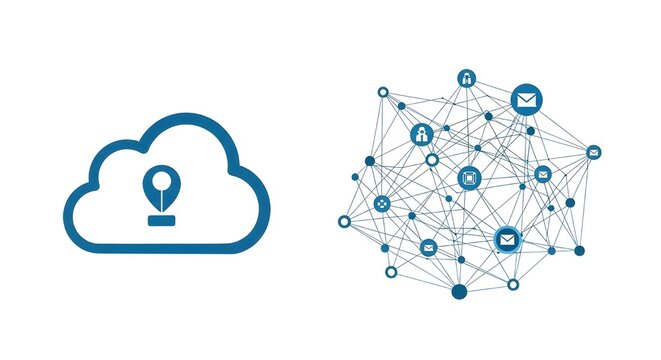 Cloud computing network with location pin and interconnected data nodes, representing digital services and connectivity