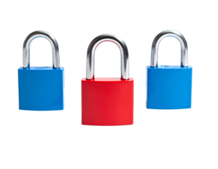 Three colorful metallic padlocks, with shiny chrome arcs, arranged against a stark black background. One red, flanked by two blue