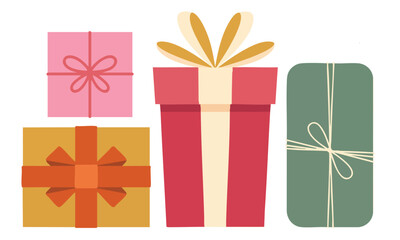 Set of Ten Retro Christmas or Holiday Gift Boxes, Assortment of Colorful Festive Presents with Bows and Patterns, Flat Design Gift Box Icon Pack with Retro Colors, vector, illustration