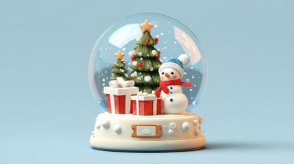 Christmas snow globe, christmas tree and snowman scene, gifts flat design front view North Pole theme 3D render.