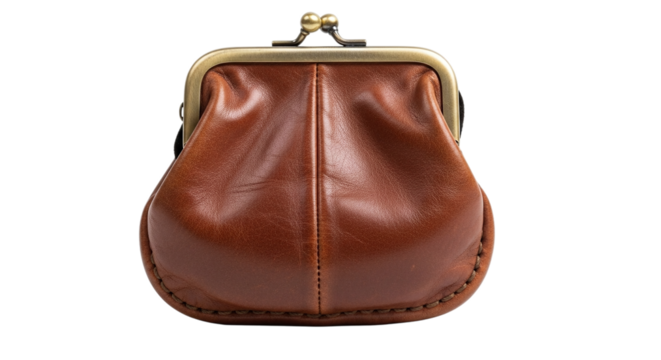 Closeup of a brown leather coin purse with a metal clasp, isolated on transparent background the purse is slightly worn, adding to its vintage charm