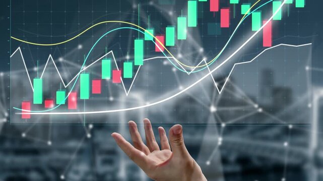 This image features a hand reaching toward financial charts that depict market growth trends and data analytics, symbolizing insight and potential success in business. Copula - Powered by Adobe