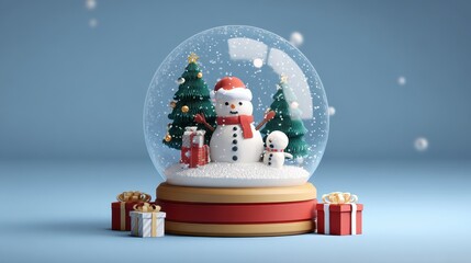 Christmas snow globe, christmas tree and snowman scene, gifts flat design front view North Pole theme 3D render.