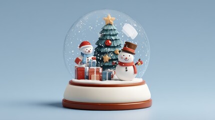 Christmas snow globe, christmas tree and snowman scene, gifts flat design front view North Pole theme 3D render.