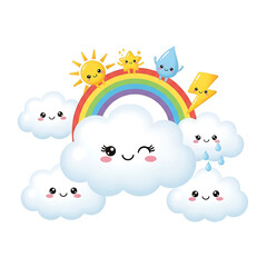 Whimsical weather scene with smiling sun, stars, raincloud, and lightning above a rainbow and puffy clouds