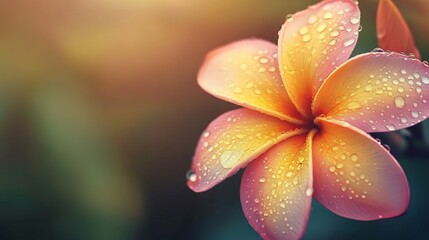 Close-up water drop on plumeria flower petal with soft retro tone