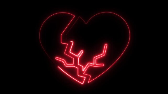Neon broken heart. Red glow animation. Heart crack effect. Love loss symbol. Dark aesthetic loop. Shattered heart 4k. Valentine motion. Abstract sadness. Heartbreak graphic. Digital grief.
