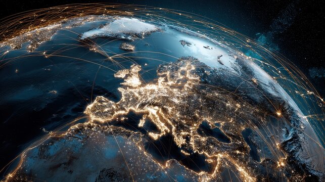 Digital globe with connected trade routes, global network, world trade.  - Powered by Adobe