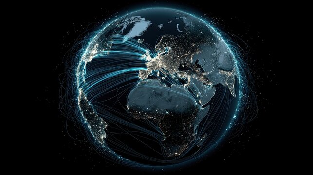 Digital globe with connected trade routes, global network, world trade. 