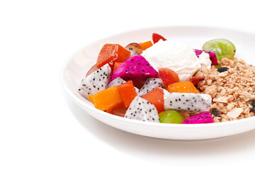 Greek Yogurt with Fruits and Cereal in white plate,  isolated on white background