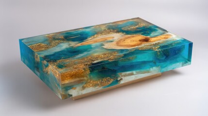Vibrant Blue and Gold Epoxy Resin Art Table with Natural Wood