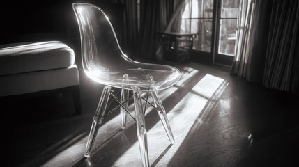 Elegant Transparent Chair with Sunlight Shadows in a Modern Room