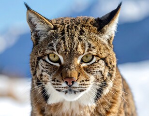 Fototapeta premium A close-up portrait shows a wild cat with tufted ears, yellow eyes, and spotted fur against a snowy background