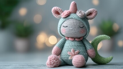 Adorable Crocheted Unicorn Toy with Soft Colors and Floral Details