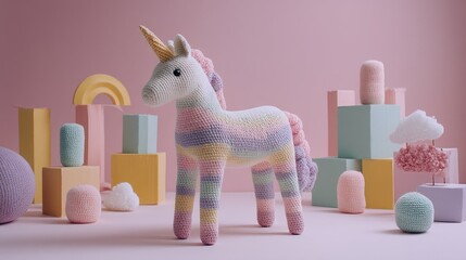 Colorful Crochet Unicorn Among Soft Pastel Decorative Blocks