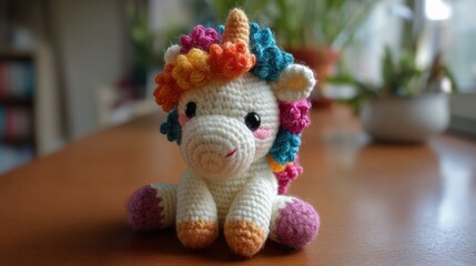 Cute Crochet Unicorn Toy with Colorful Hair on Wooden Table