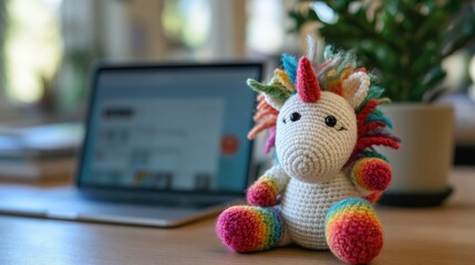 Colorful Crochet Unicorn Toy with Laptop in the Background