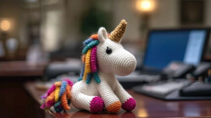 Colorful Crocheted Unicorn on a Desk in an Office Setting