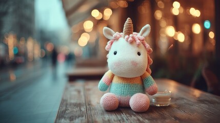 Adorable Crocheted Unicorn Toy on Rustic Table with Soft Background
