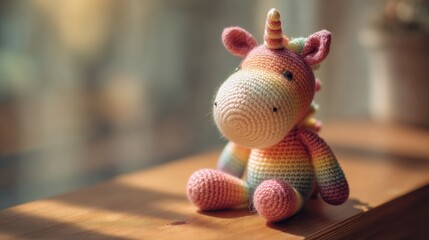 Cute Crochet Unicorn Toy with Colorful Rainbow Design on Table