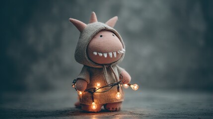 Cute plush monster in cozy sweater holding glowing fairy lights