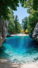 Tranquil Blue Lagoon Framed by Tropical Trees and Rocky Shores on a Sunny Day