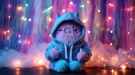 Cute Plush Monster Wearing Hoodie in Colorful Light Background