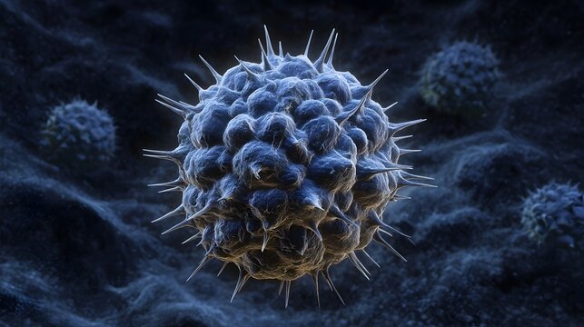 A detailed 3D microscopic view of a spiky blue virus particle illuminated in a dark cellular environment