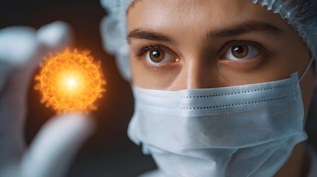 Scientist in mask and cap closely examines a bright glowing virus particle focusing on research and analysis