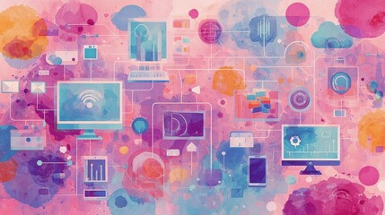 Network flat design top view theme information technology water color vivid.