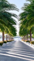 Obraz premium Tropical Road Lined with Palm Trees Leading to Sunlight Dappled Pathway with Pink Flowers Illuminated by Golden Hour Light