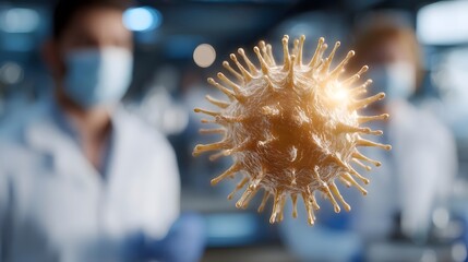 Microscopic virus particle with glowing spikes observed by scientists in a laboratory