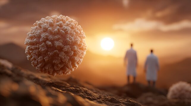 Microscopic virus particle in a vast landscape at sunset with scientists observing