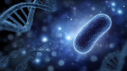 Microscopic bacterium and DNA helix in a glowing cosmic science background