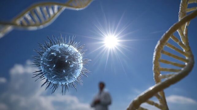 A glowing virus or microbe floats in a clear blue sky next to a DNA helix illuminated by a bright sun with a blurred scientist in the background