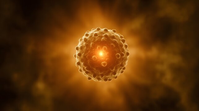 A highly detailed 3D rendering of a glowing microscopic virus particle with a textured spherical surface set against a blurred atmospheric background